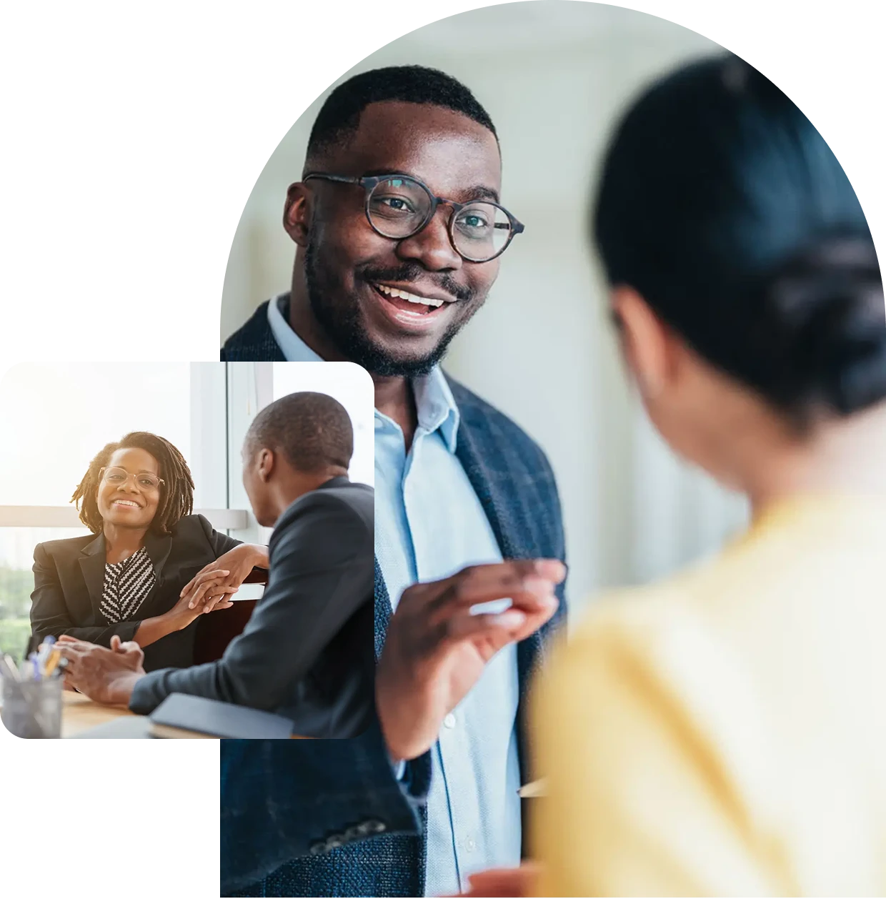 Two business meetings with smiling professionals.