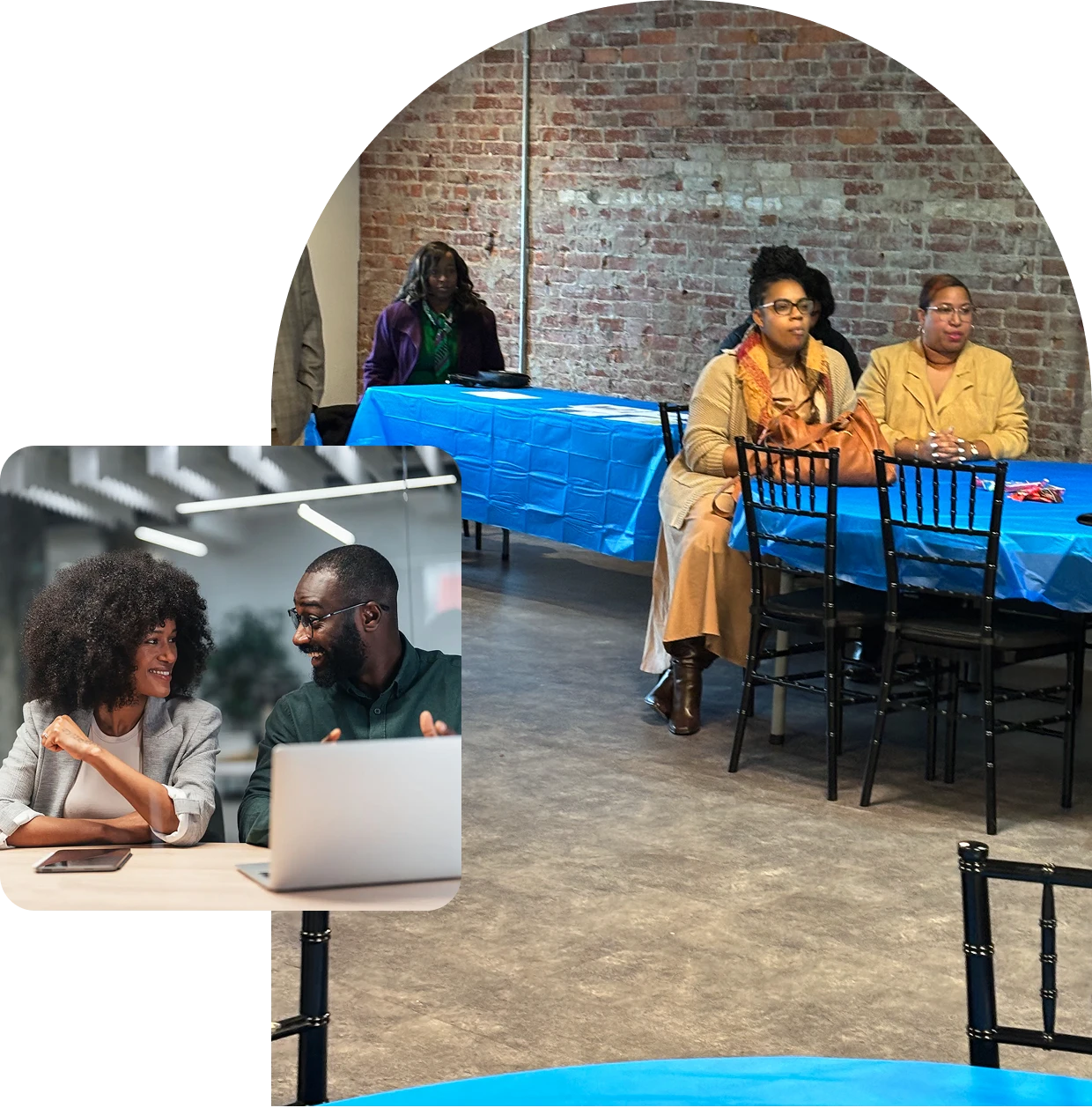 People sitting at tables, talking and working.