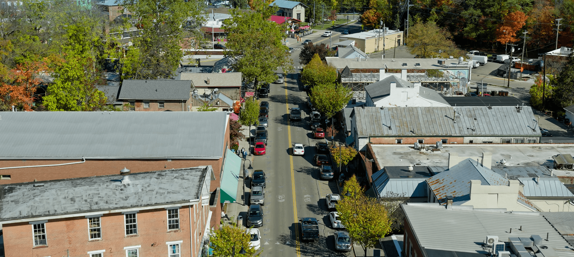 Aerial view of small town street scene.